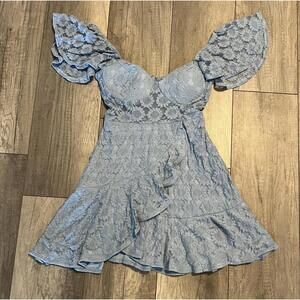 NWT Angel Biba, Blue Lace Mini Dress with Ruffle Sleeves. Size Small